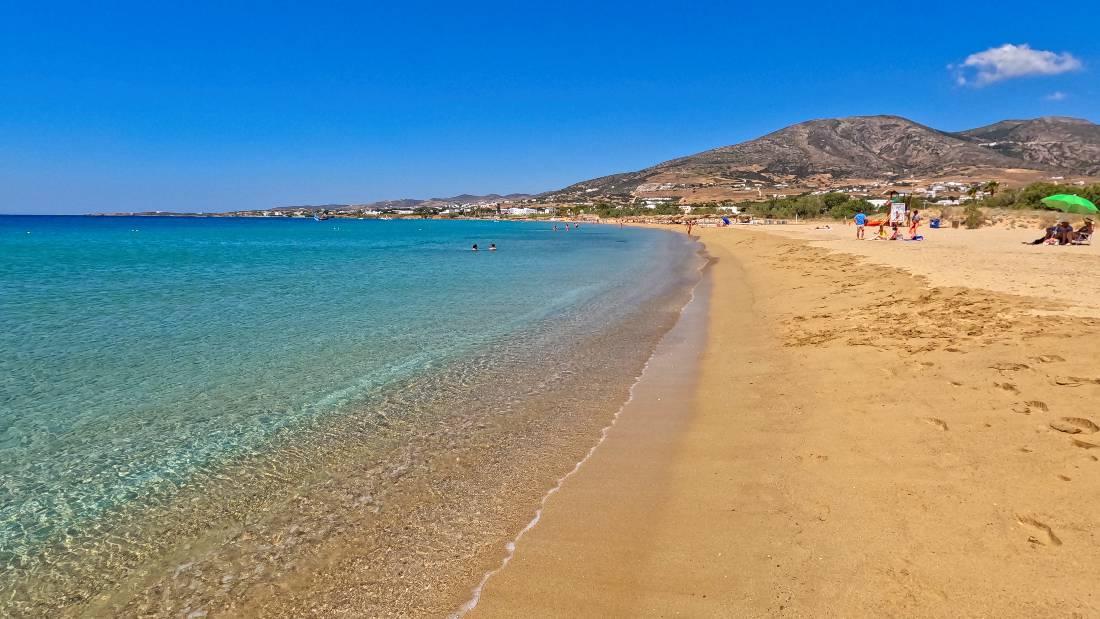 Golden Beach Paros — long sandy coastline with kitesurfers